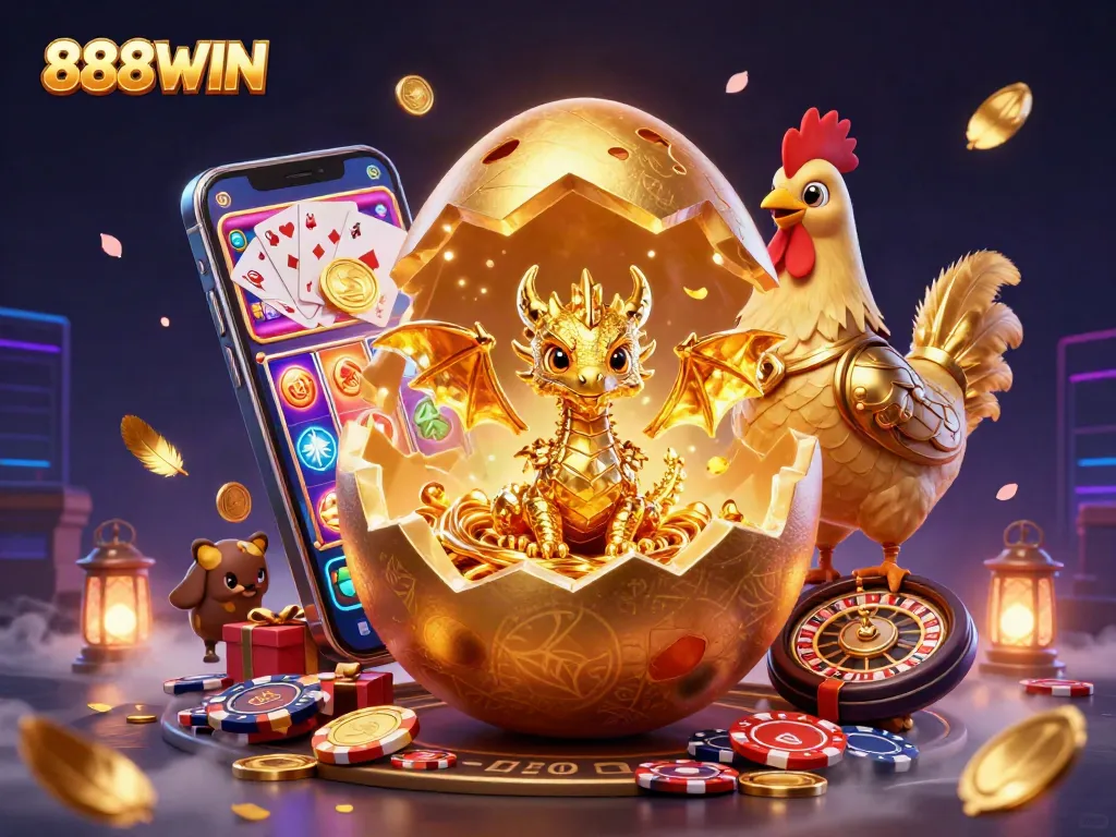Play exciting games at 888WIN with a golden dragon and vibrant slot elements in a dynamic 3D illustration.