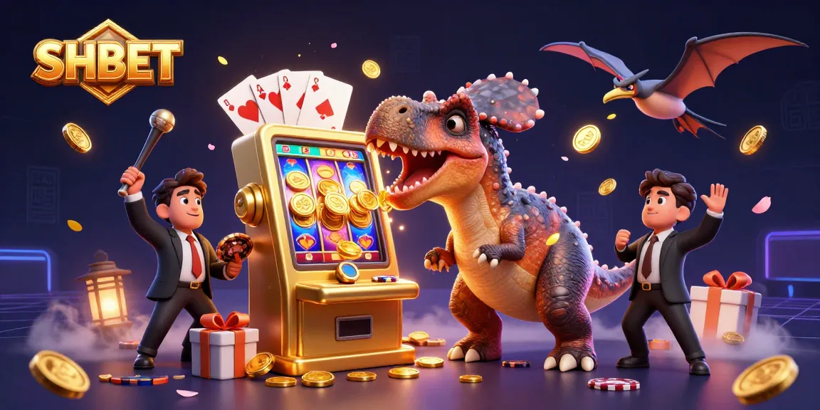 Experience thrilling wins with SHBET as a pachycephalosaurus and friends celebrate jackpot coins in a vibrant casino scene.