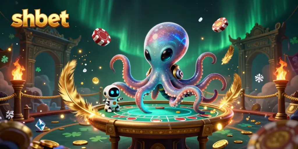 Join the excitement of shbet with a 3D alien octopus at a holographic poker table surrounded by vibrant casino elements.