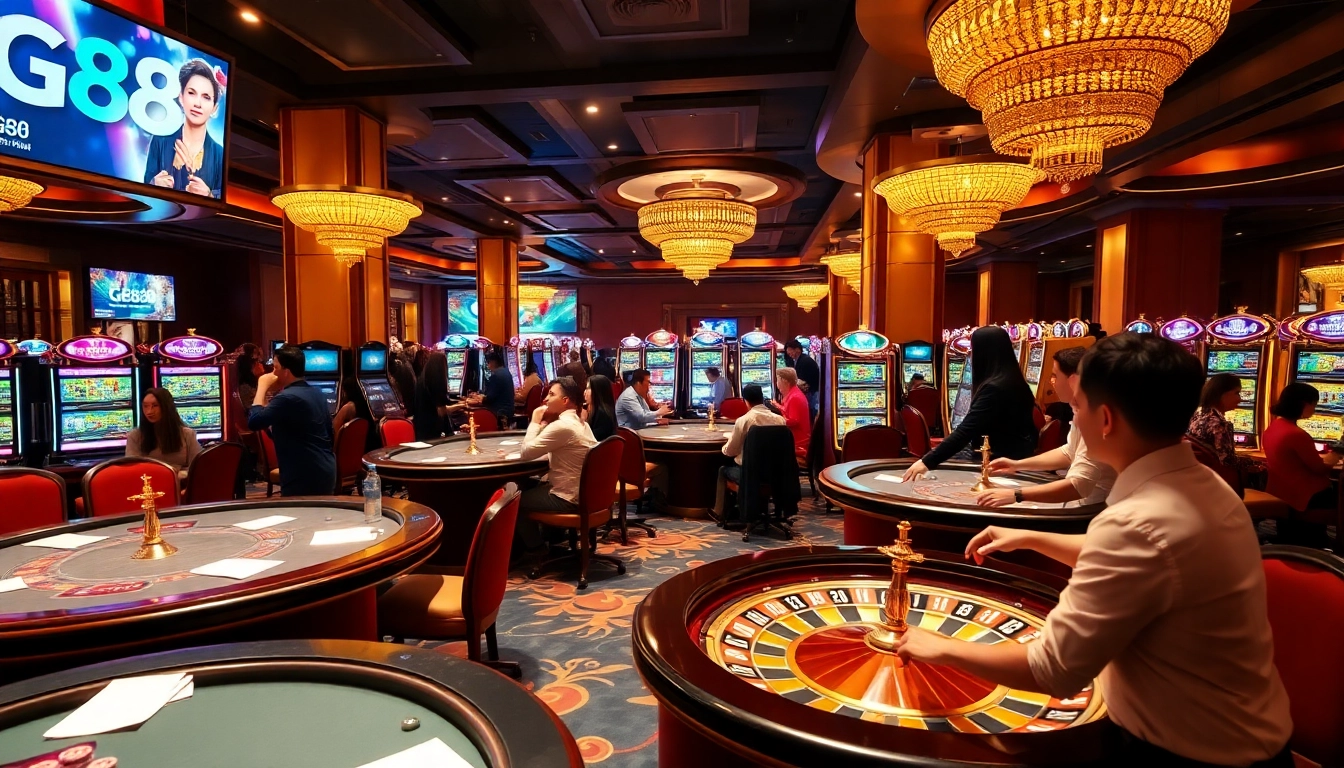 Players enjoying exciting games at GG88 casino with vibrant slot machines and poker tables.