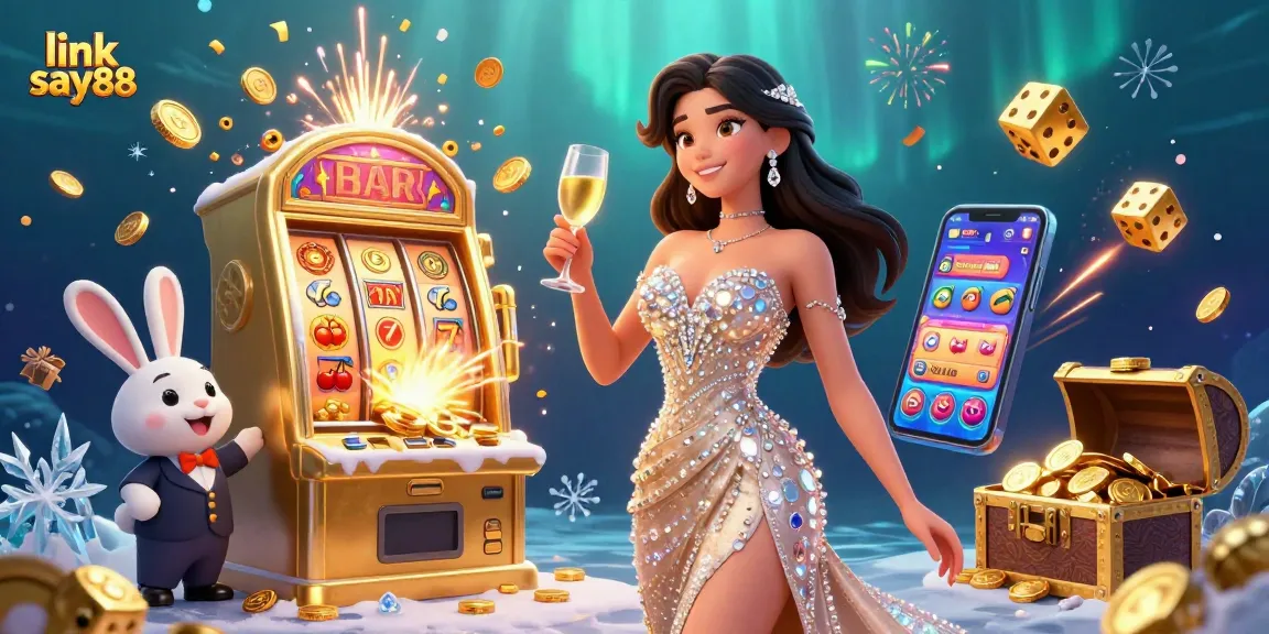 The dazzling illustration of a glamorous woman toasting next to a jackpot slot machine, representing link say88 and casino excitement.
