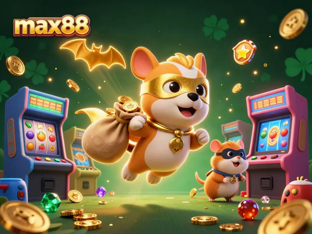 max88 superheroes celebrate casino wins with colorful slots, fruits, and game elements in vibrant 3D