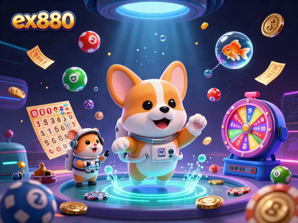Join the excitement with ex880 in a vibrant casino scene featuring a floating astronaut corgi.