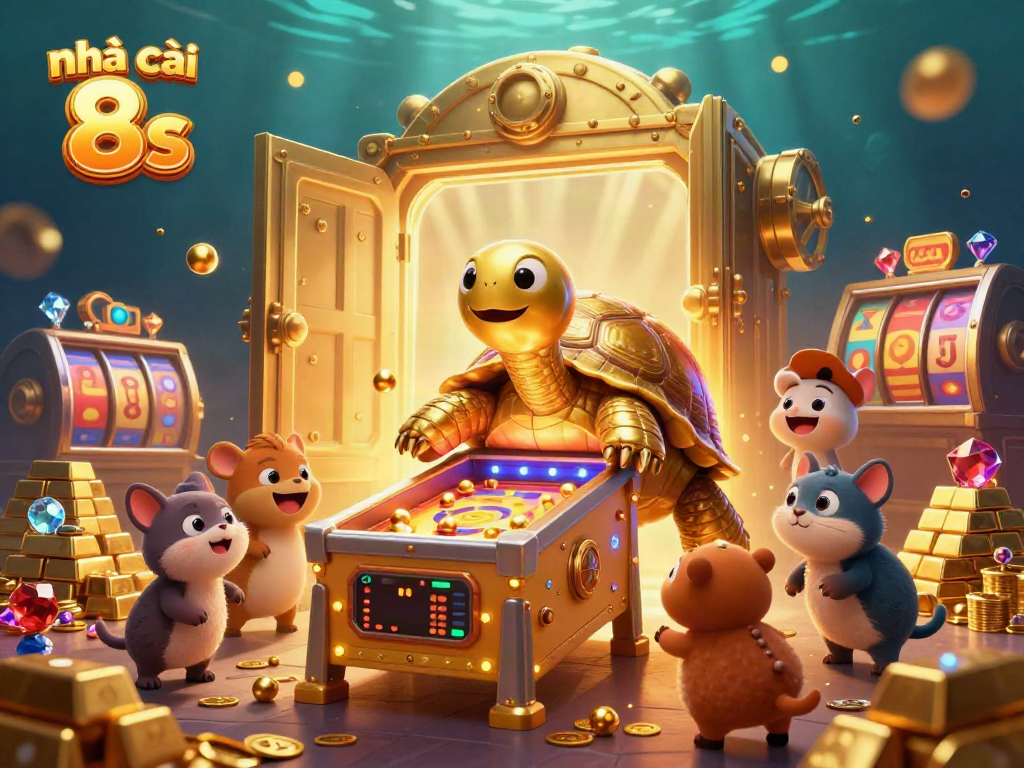 Experience the thrill of Nhà cái 8s with an engaging 3D casino scene showcasing vibrant slot machines and golden treasures.