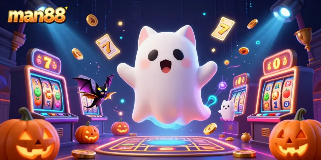 Engage in thrilling games at man88 with a vivid 3D cartoon scene featuring a friendly ghost cat and exciting casino elements.