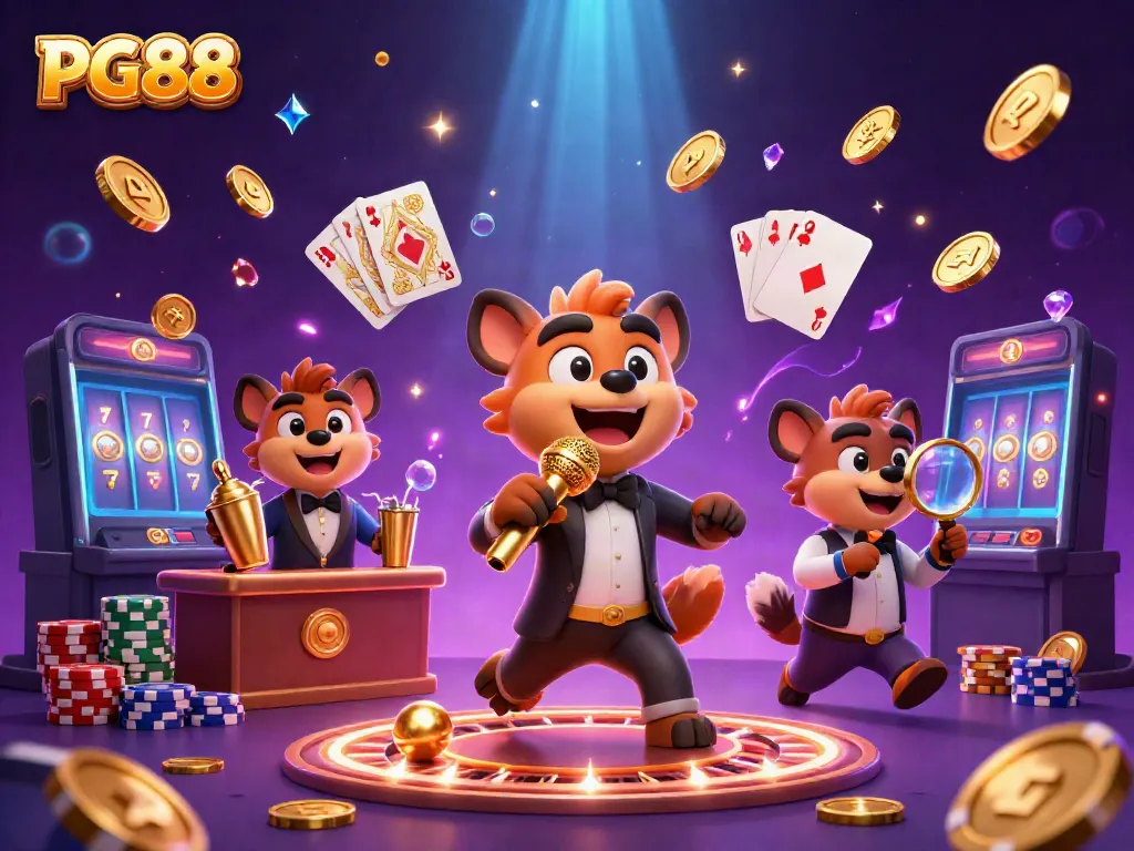 Hyenas in a vibrant PG88 casino scene with gold coins, roulette, and cards highlighting an entertaining gambling experience.