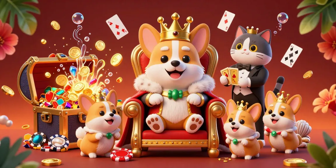 B52 club scene featuring a royal corgi on poker chips and a cat butler managing cards, enhancing the casino atmosphere.