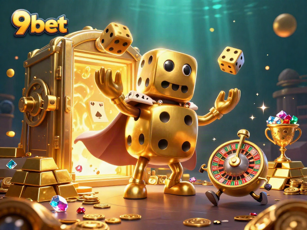 Engage with 9bet as you witness a flamboyant golden dice golem and casino treasures in this vivid illustration.