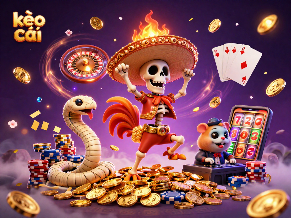 Engage with the vibrant kèo nhà cái scene showcasing a celebratory dance amid cascading golden coins and roulette elements.