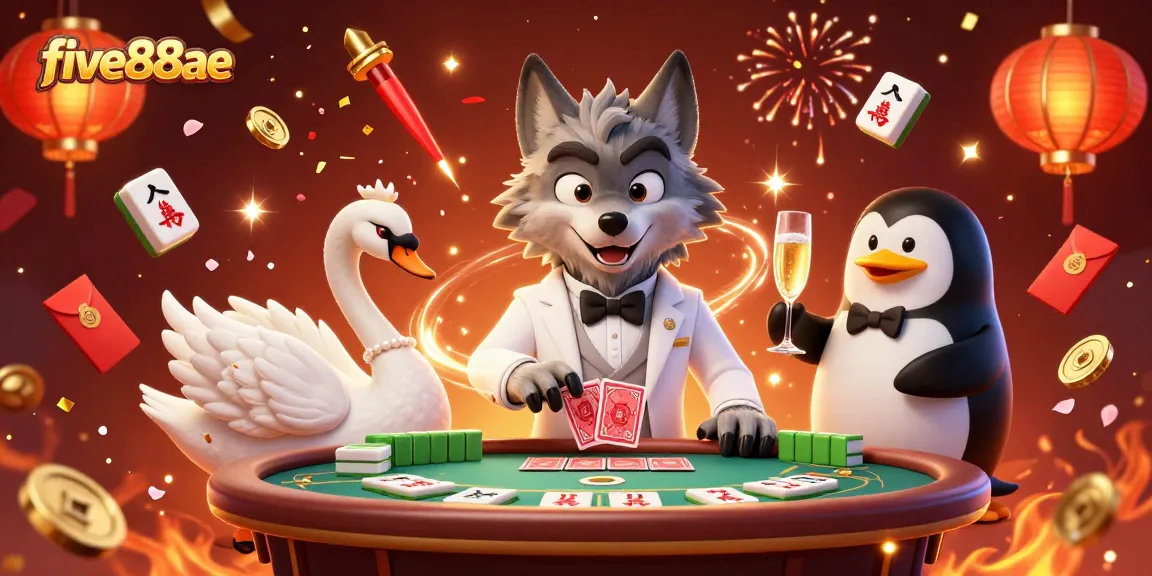 Experience the exciting world of five88ae with a lively 3D cartoon casino scene featuring a wolf, swan, and penguin.