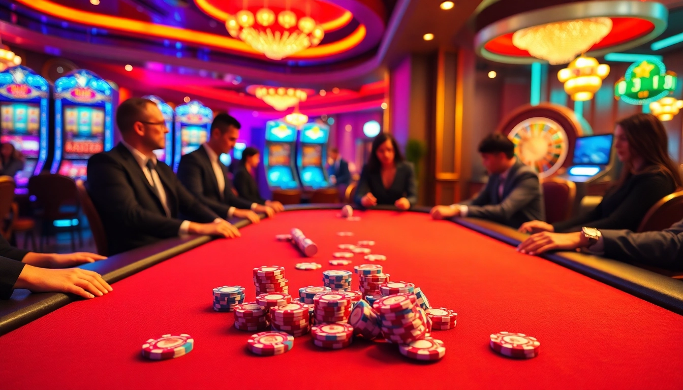 Engaging gambling scene showcasing Bet88 đăng nhập at a vibrant casino table with luxurious poker chips and energetic players.