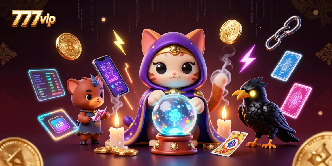 Experience thrilling gameplay at 777vip, with unique characters and vibrant casino elements surrounding a mystical scene.