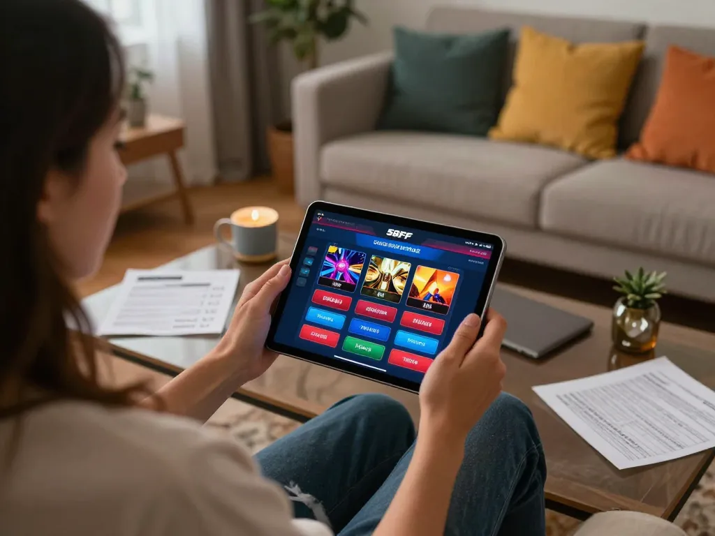 Person engaging with the 58ff online platform on a tablet at home, reflecting strategic gambling.