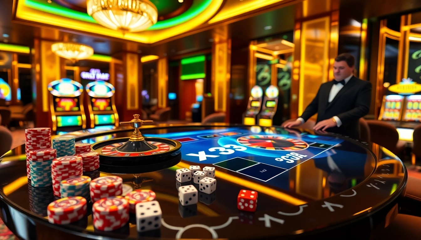 Player engaging with x333 branded online casino interface featuring roulette wheel and poker chips in luxury setting