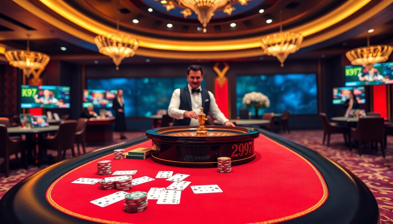 Mesa de jogos K997 com cartas vibrantes e fichas em um cassino emocionante e luxuoso.