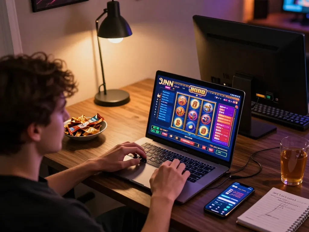 Engaging with JJNN Slots on a laptop in a cozy home gaming setup.