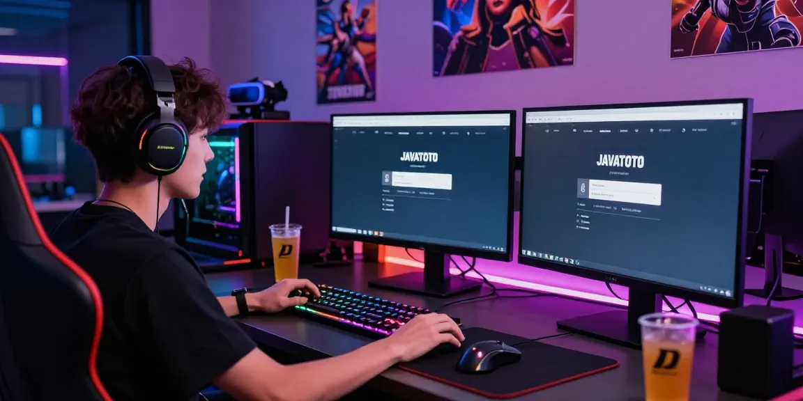Jogador entusiasmado acessando o site java toto com configuração gamer iluminada e vibrante.