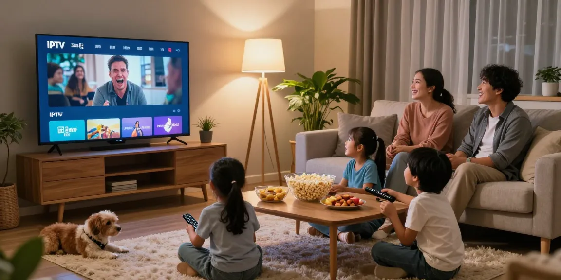 Família assistindo IPTV com bestbraziliptv em uma noite de filmes aconchegante.