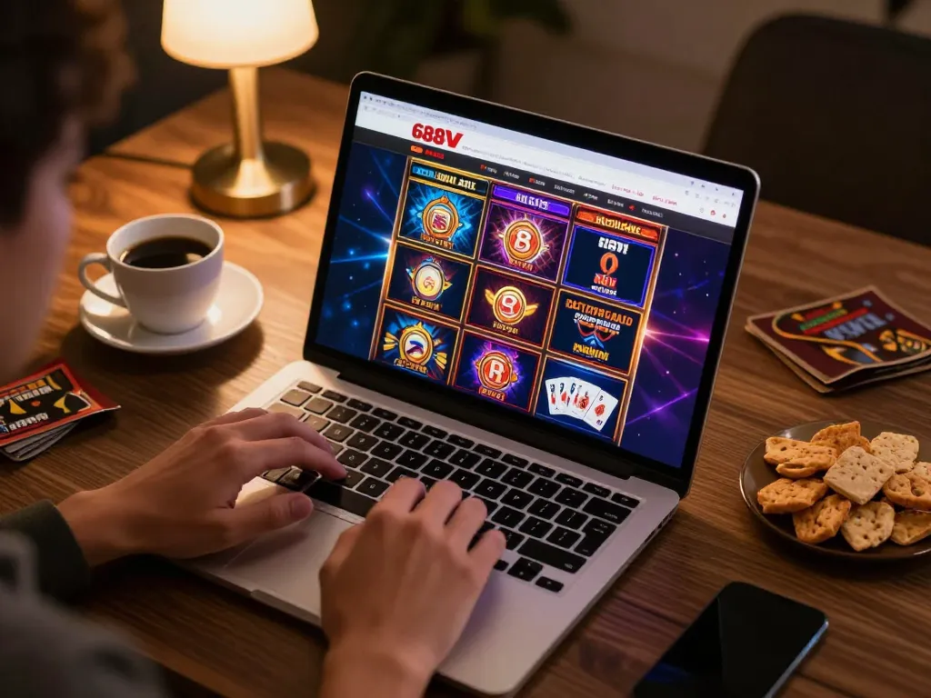Player enjoying online gambling experience with 688V on a laptop, showcasing vibrant game graphics.