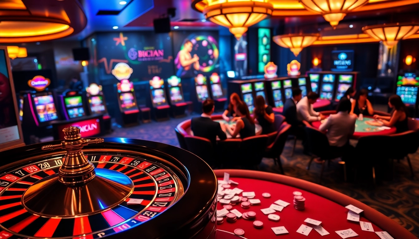 Experience thrilling gameplay at gg88.ltd with vibrant casino tables, illuminated slot machines, and engaged players.