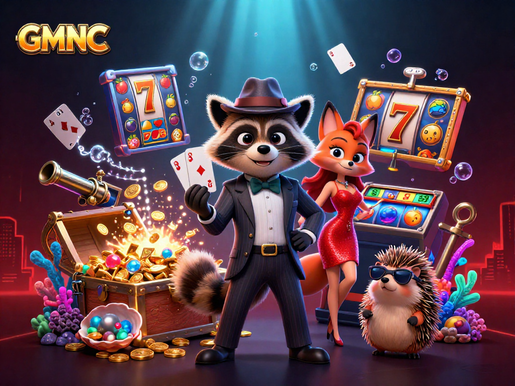 Experience GMNC's thrilling casino excitement with a suave raccoon and vibrant gaming elements.
