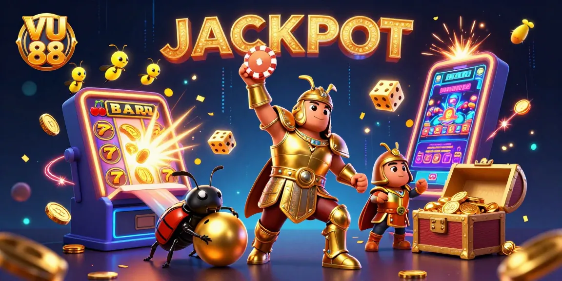 Spin to win with VU 88 in this vibrant casino scene featuring exciting gaming elements and animated characters.