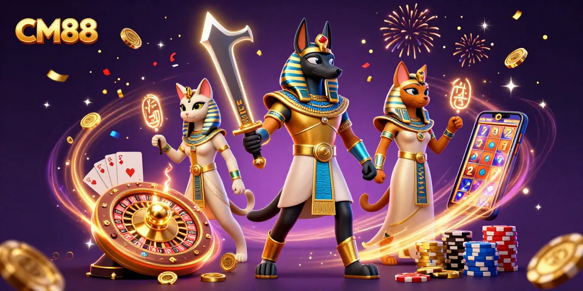 Experience thrilling gameplay at CM88 with ancient Egyptian warrior Anubis amid vibrant casino elements.