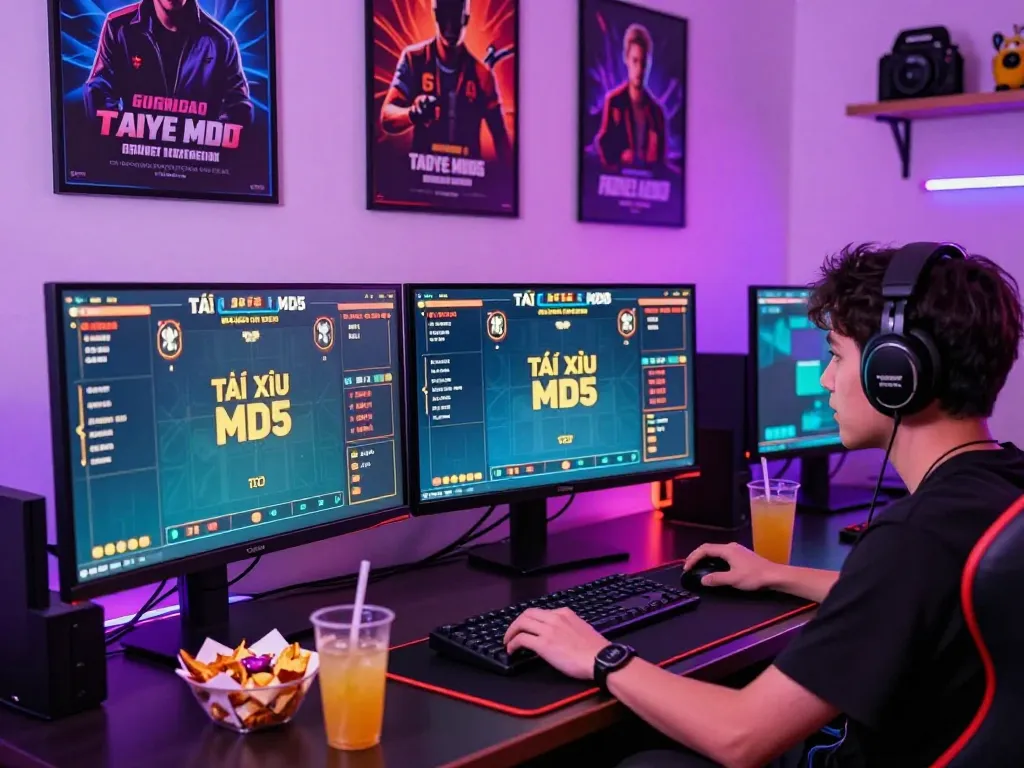 Engaging online Tài Xỉu MD5 gaming session with colorful graphics and an excited player in a vibrant gaming setup.