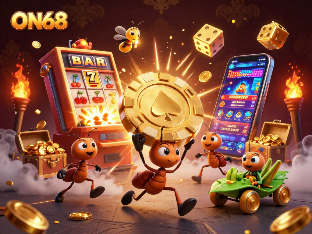 ON68 features exciting casino action as ants stage a heist with a giant poker chip amidst vibrant slot elements.