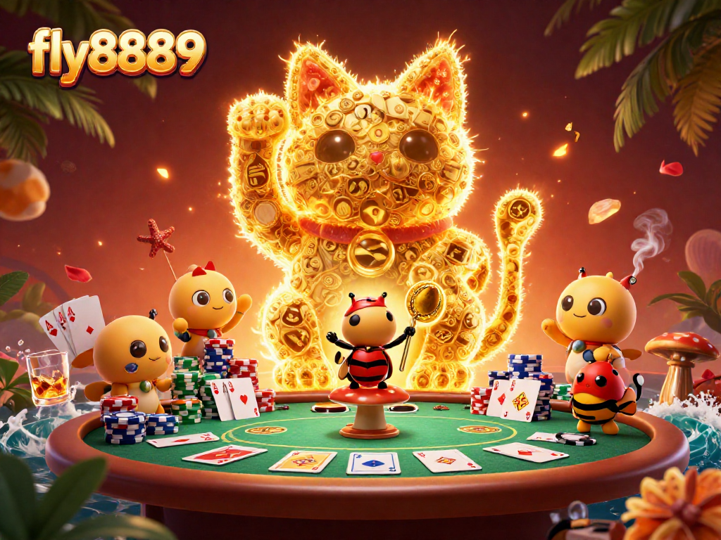 Experience the excitement of fly8889 with a dazzling lucky cat and vibrant casino elements in a rich 3D illustration.
