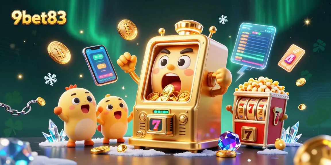 Engage with 9bet83's dynamic jackpot scene featuring a golden slot machine celebrating a win with gold coins.