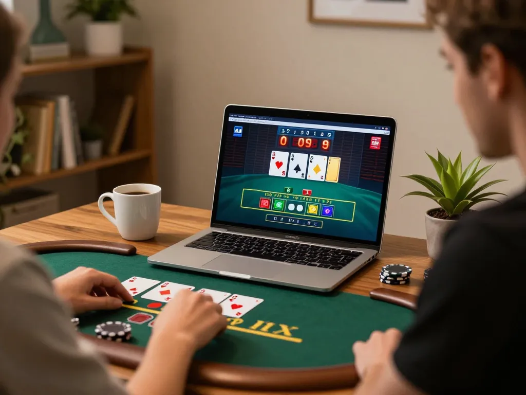 Engaging in hướng dẫn mm88 for live dealer blackjack on laptop at home desk, showcasing strategic gameplay.