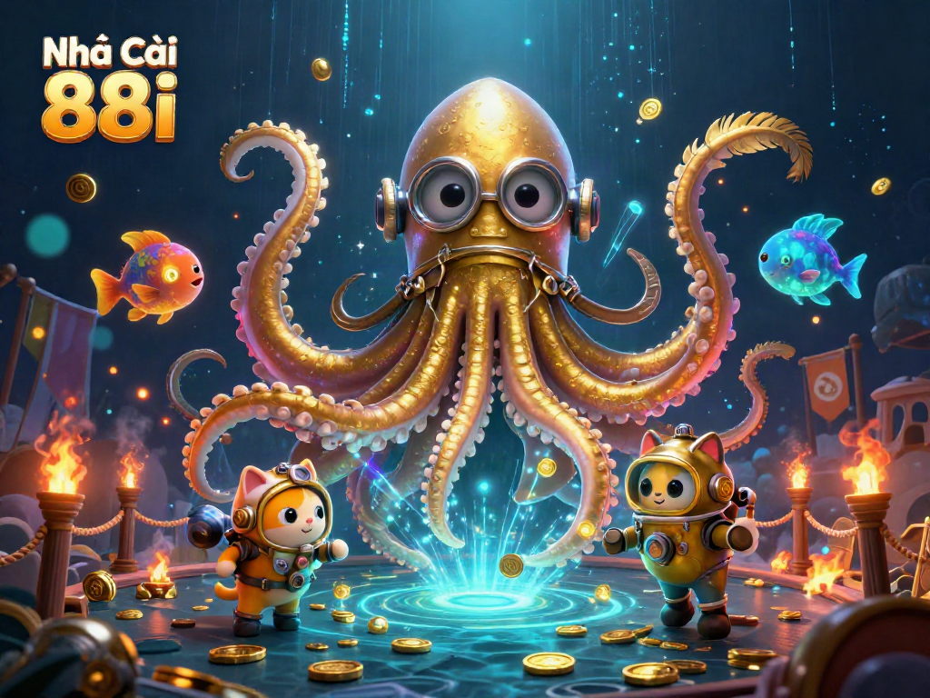 Immerse in the gaming world with Nhà cái 88i, showcasing a thrilling kraken and diving cat amidst a treasure-filled scene.