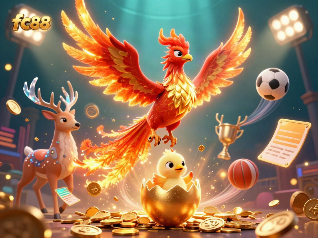 Experience the vibrant fc88 casino world with a fiery phoenix and dynamic sports elements.
