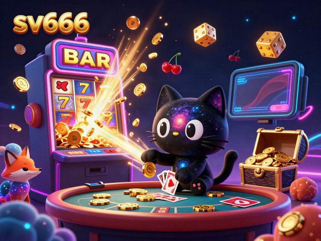 Playing in a vibrant sv666 cosmic casino with a black hole cat and colorful fox companion.