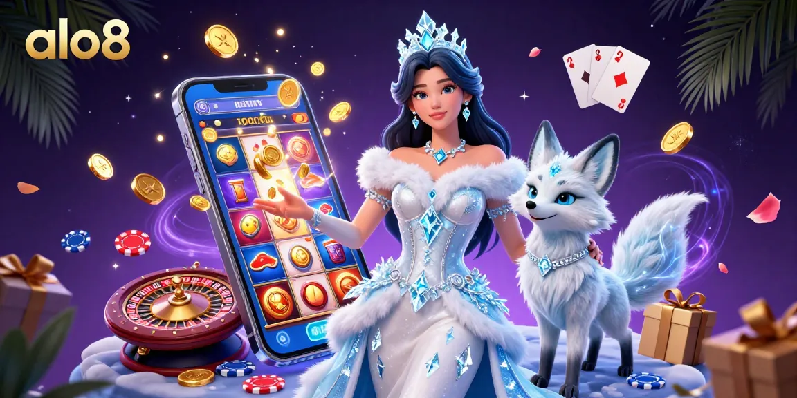 Spin the reels with ALO8 in a vibrant casino scene featuring a winter queen and treasure.