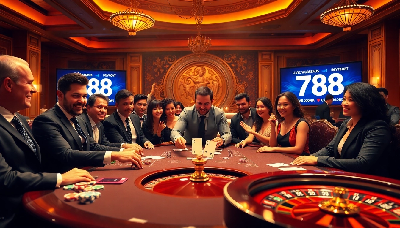 Exciting poker players strategizing their next move at a luxurious casino 788t table.