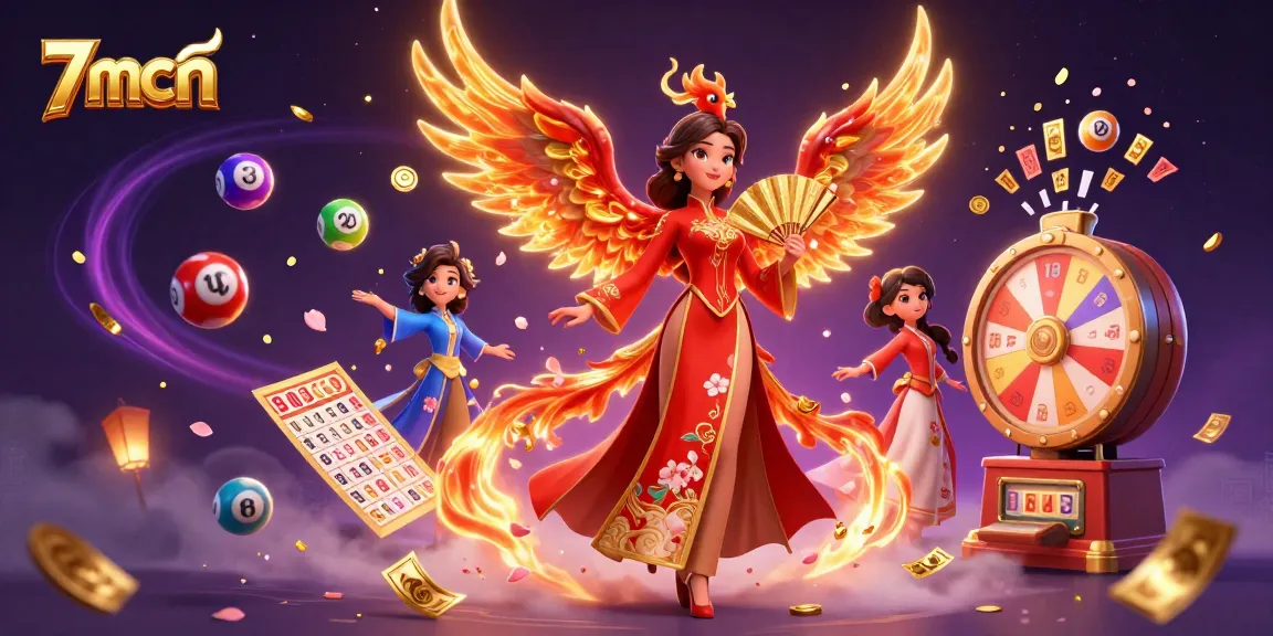 Engage with 7mcn's vibrant lottery scene featuring a beautiful woman and a phoenix.