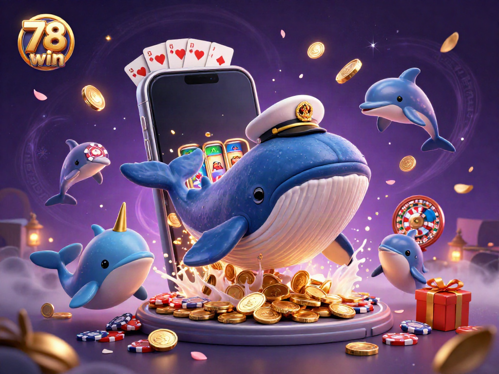Experience thrilling moments at 78 win with a vibrant scene of a whale, narwhal, and dolphins playing with poker chips.