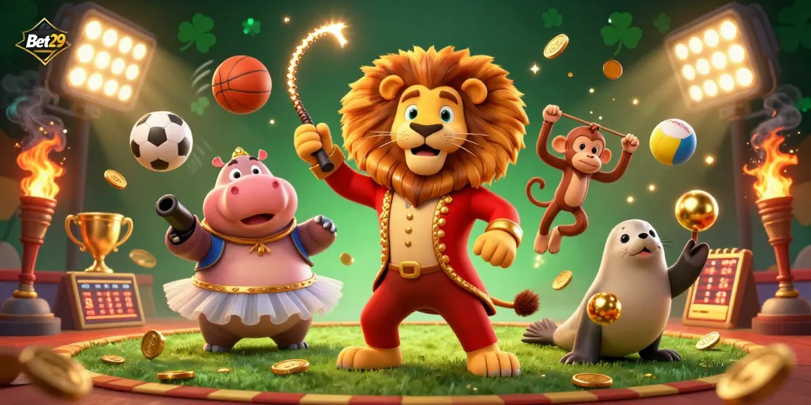 Experience the thrill of Bet29 with lively circus characters amidst dynamic sports elements in a vibrant casino scene.