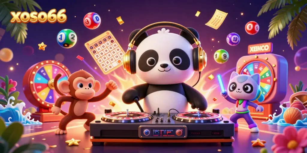 Experience xoso66 excitement with a vibrant 3D scene featuring colorful lottery elements and playful characters.