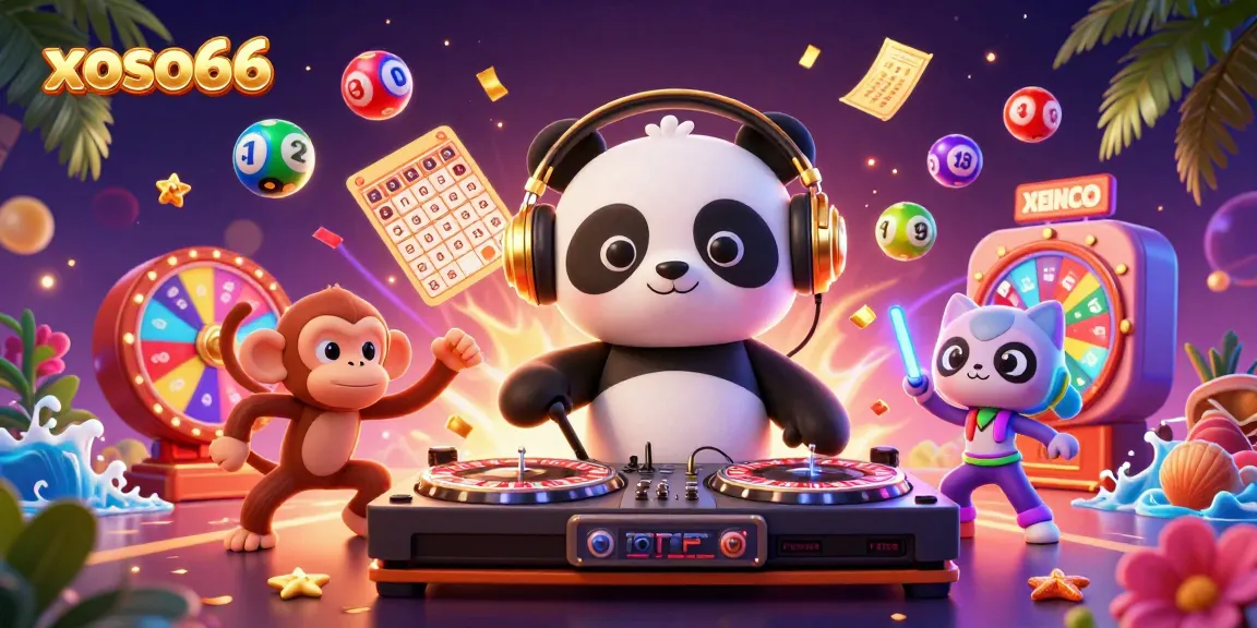 Experience xoso66 excitement with a vibrant 3D scene featuring colorful lottery elements and playful characters.