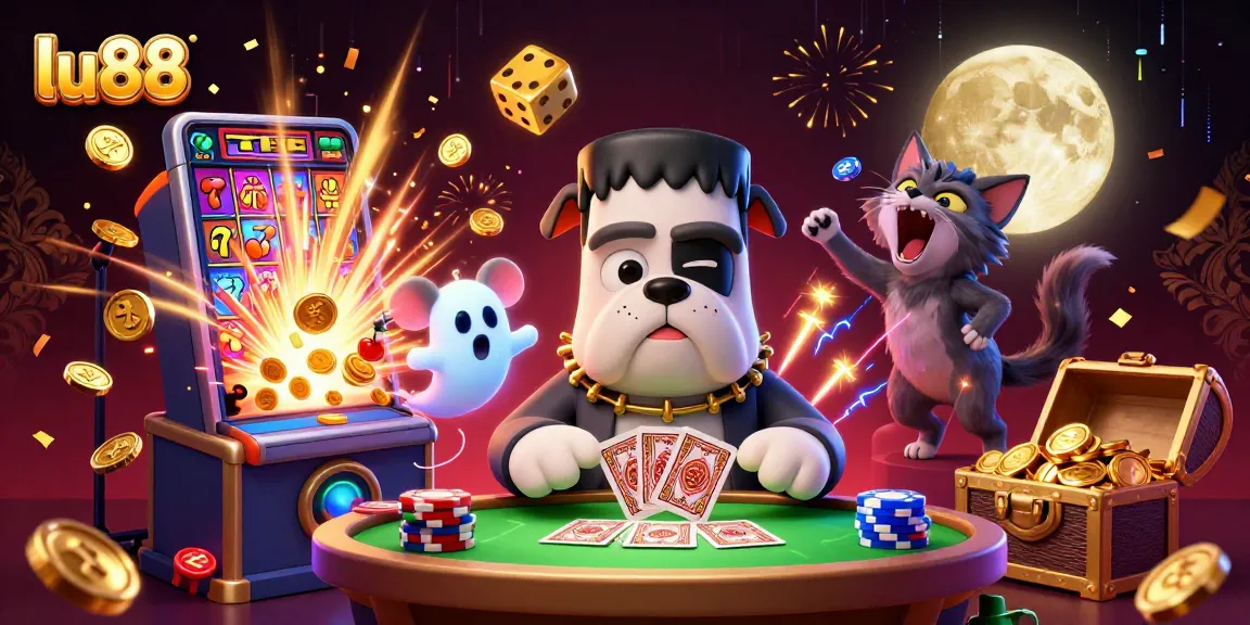 Experience thrilling gameplay at lu88 with a 3D Frankenstein bulldog dealer in a vibrant casino scene.