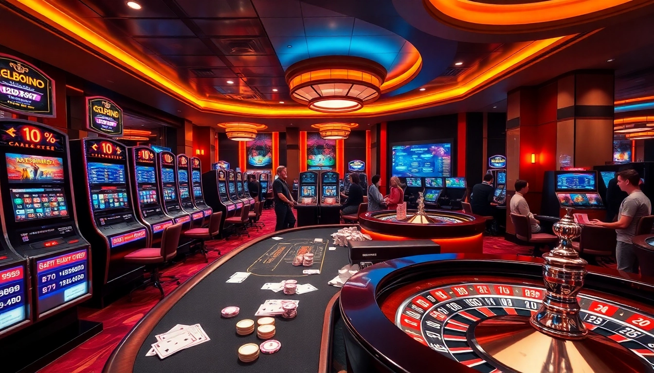 Exciting scene at Casino bomwin showing players enjoying table games with vibrant lights and action.