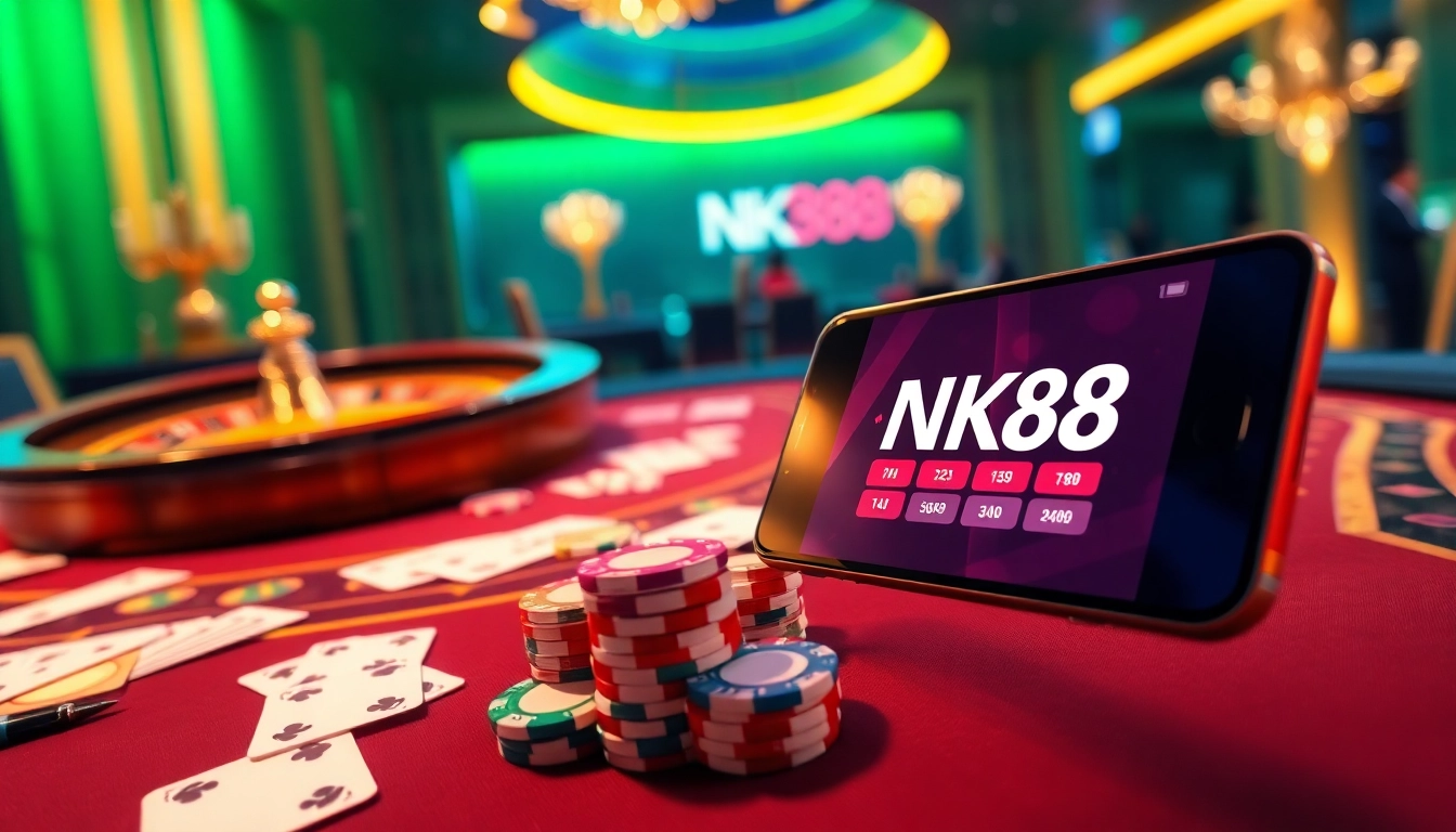 NK88 mobile casino experience showcasing vibrant poker chips and an engaging roulette setup.