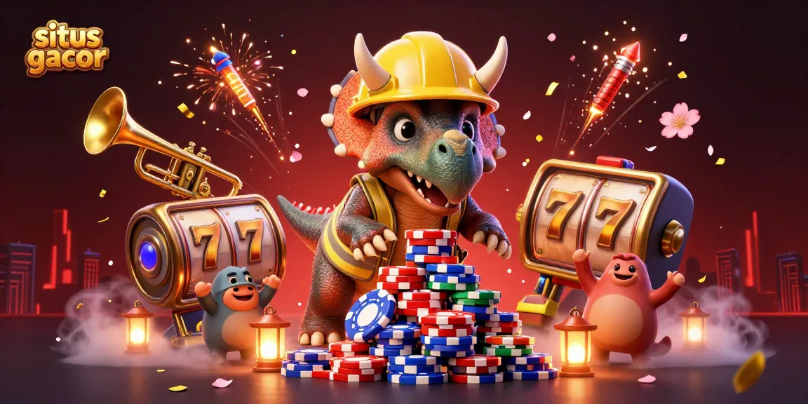 Situs gacor showcases a vibrant casino scene with a triceratops celebrating amidst poker chips.