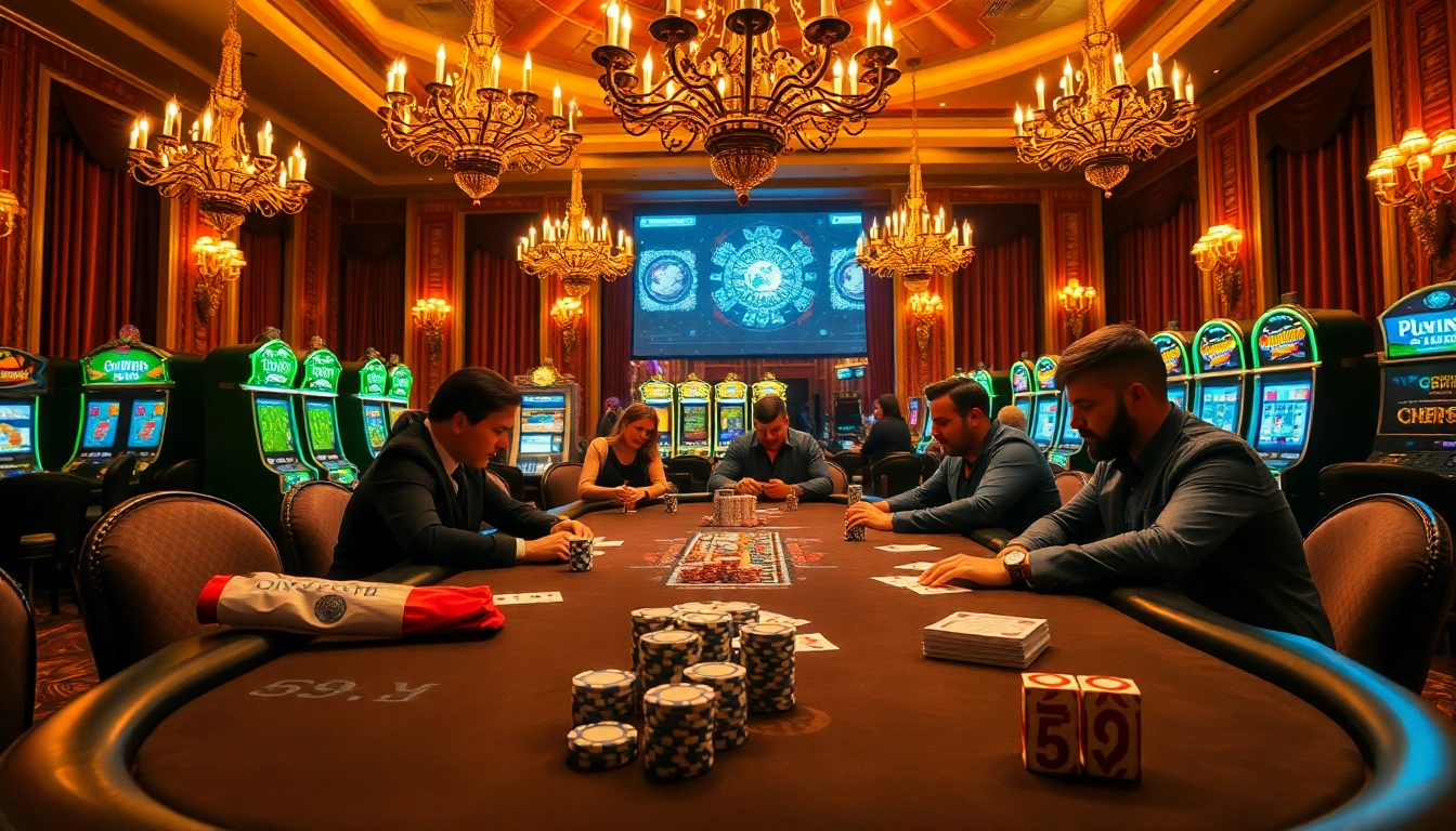 Jogadores de apostas altas curtindo poker em uma mesa de cassino luxuosa, fichas 69Y em destaque.