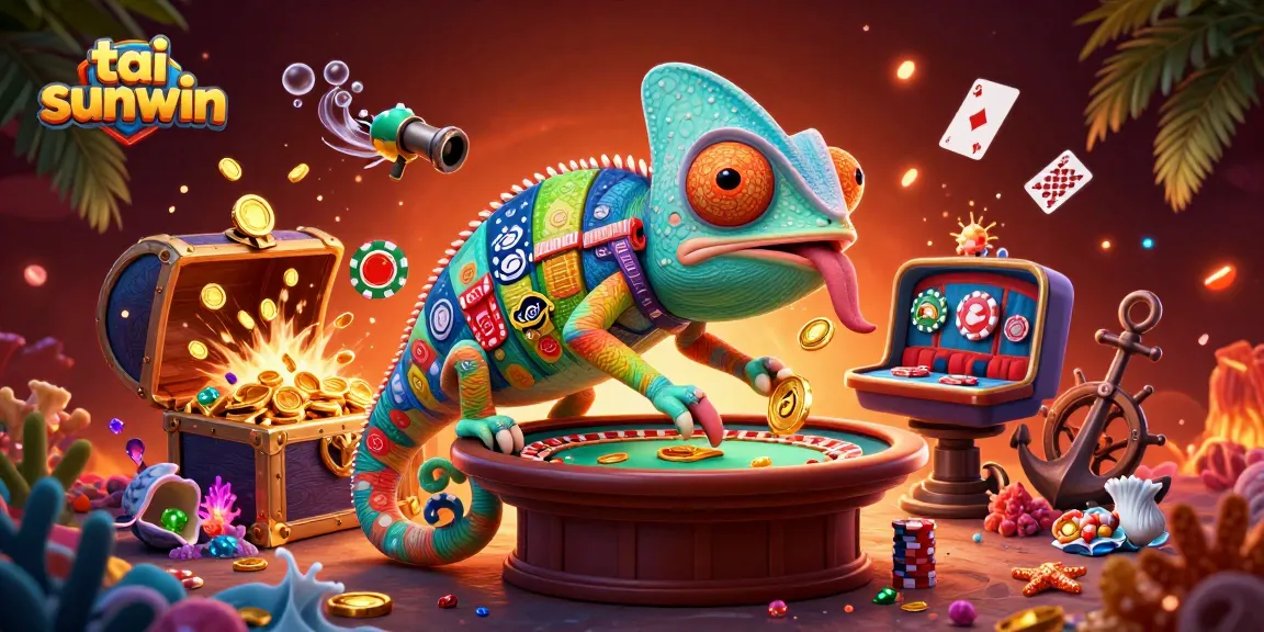 Play thrilling games at tai sunwin with an engaging casino owner chameleon in a vibrant underwater scene.