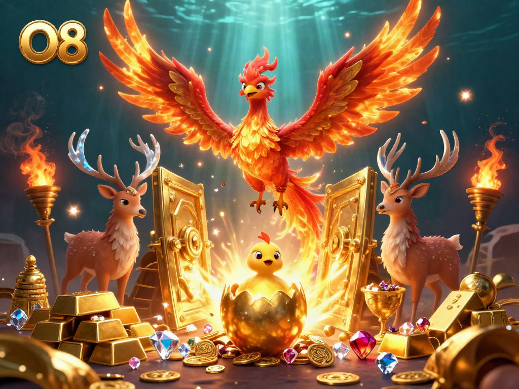 Experience thrilling gameplay at O8, featuring a vibrant casino scene with a phoenix and treasures.