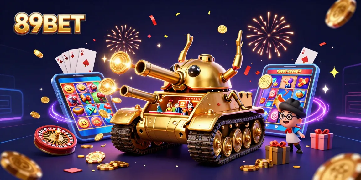 Experience thrilling gaming with 89BET's miniature casino in a golden beetle tank bursting with confetti.